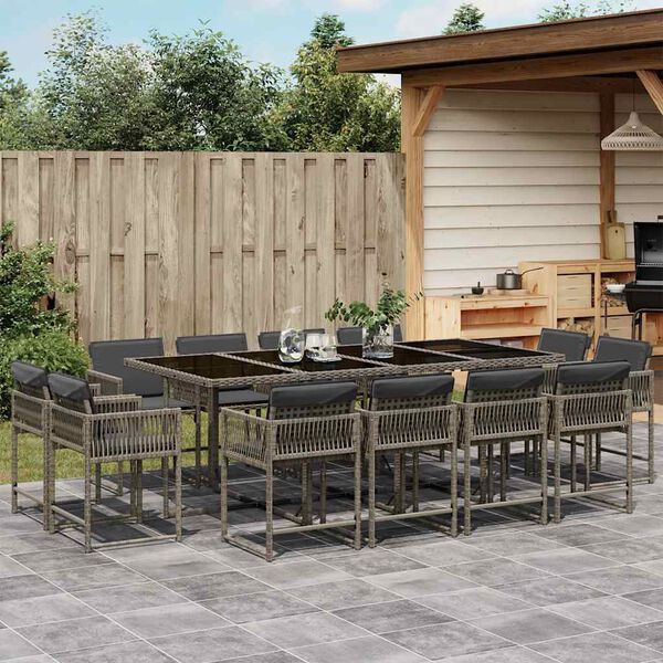 vidaXL 13 Piece Garden Dining Set with Cushions Grey Poly Rattan