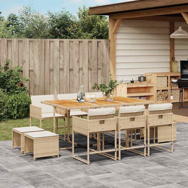 vidaXL 11 Piece Garden Dining Set with Cushions Beige Poly Rattan
