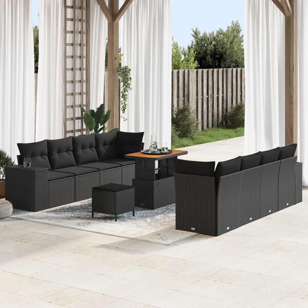 vidaXL Garden Sofa Set with Cushion 11 pcs Black Poly Rattan