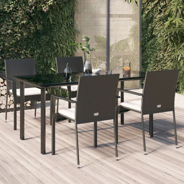 vidaXL 5 Piece Garden Dining Set with Cushions Black Poly Rattan