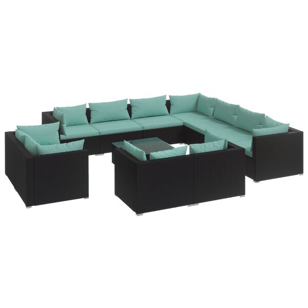 vidaXL 12 Piece Garden Lounge Set with Cushions Black Poly Rattan