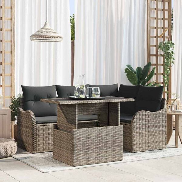 vidaXL Outdoor Dining Set with Cushion 5 pcs Grey Poly rattan
