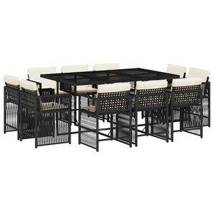 vidaXL 11 Piece Garden Dining Set with Cushions Black Poly Rattan