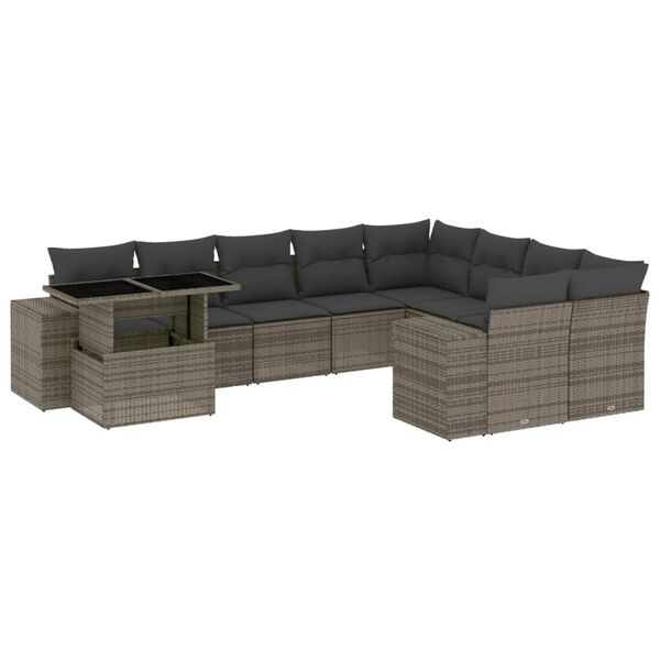 vidaXL 10 Piece Garden Sofa Set with Cushions Grey Poly Rattan