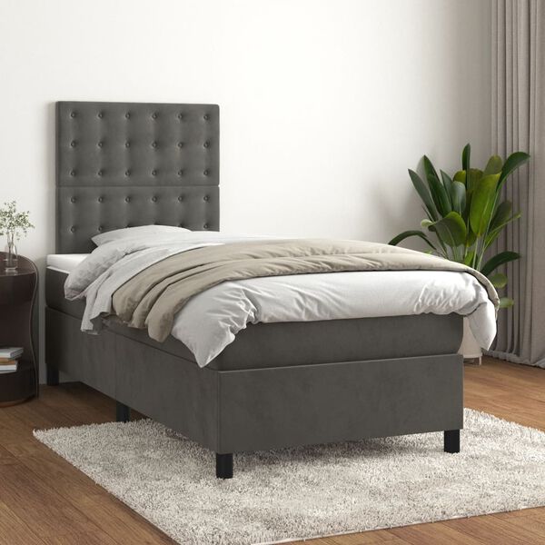 vidaXL Box Spring Bed with Mattress Dark Grey 106x203 cm King Single Size Velvet