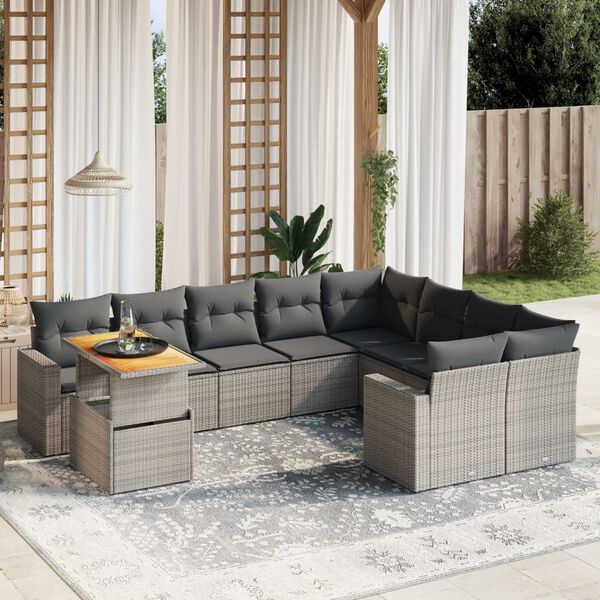 vidaXL 10 Piece Garden Sofa Set with Cushions Grey Poly Rattan