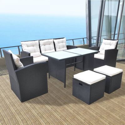 vidaXL 6 Piece Outdoor Dining Set with Cushions Poly Rattan Black