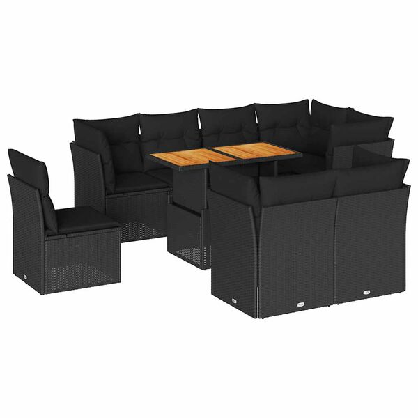 vidaXL 9 Piece Garden Sofa Set with Cushions Black Poly Rattan