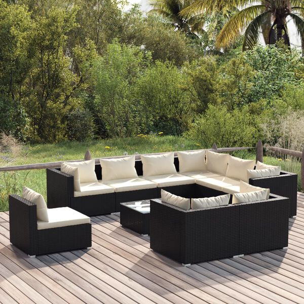 vidaXL 10 Piece Garden Lounge Set with Cushions Poly Rattan Black