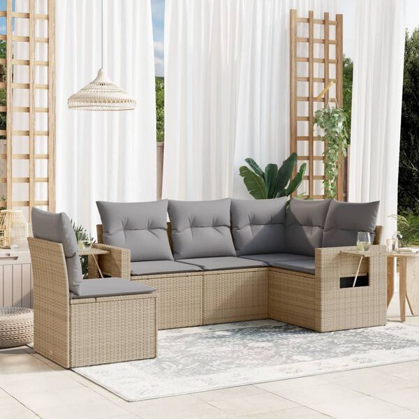 vidaXL 5 Piece Garden Sofa Set with Cushions Beige Poly Rattan