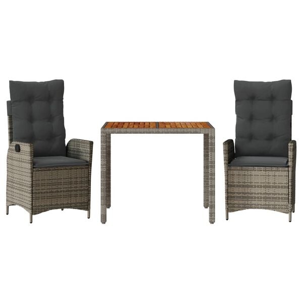 vidaXL 3 Piece Garden Dining Set with Cushions Grey Poly Rattan