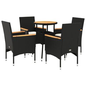 vidaXL 5 Piece Garden Dining Set with Cushions Black Poly Rattan and Acacia