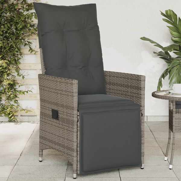 vidaXL Reclining Garden Chair with Cushions Grey Poly Rattan