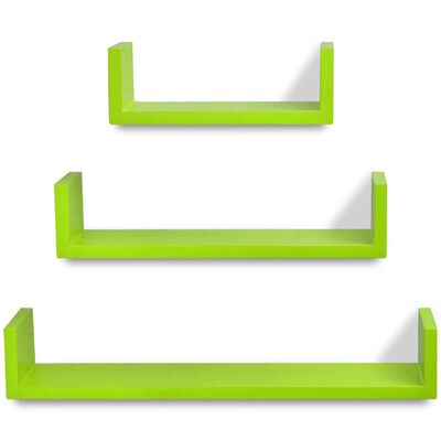 3 Green MDF U-shaped Floating Wall Display Shelves Book/DVD Storage