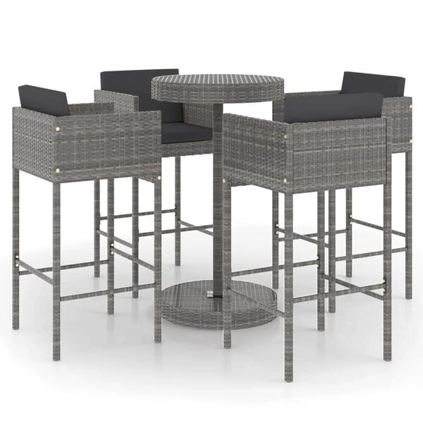 vidaXL 5 Piece Garden Bar Set with Cushions Poly Rattan Grey