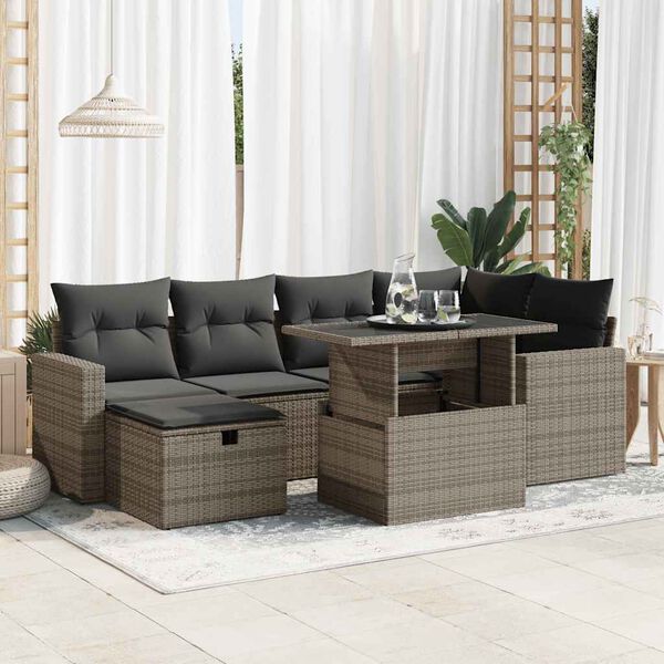 vidaXL 7 Piece Garden Sofa Set with Cushions Grey Poly Rattan