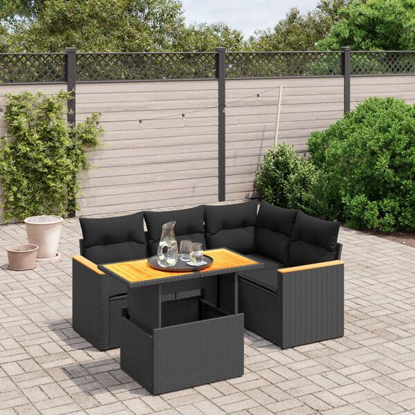 vidaXL 5 Piece Garden Sofa Set with Cushions Black Poly Rattan