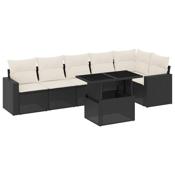 vidaXL 7 Piece Garden Sofa Set with Cushions Black Poly Rattan