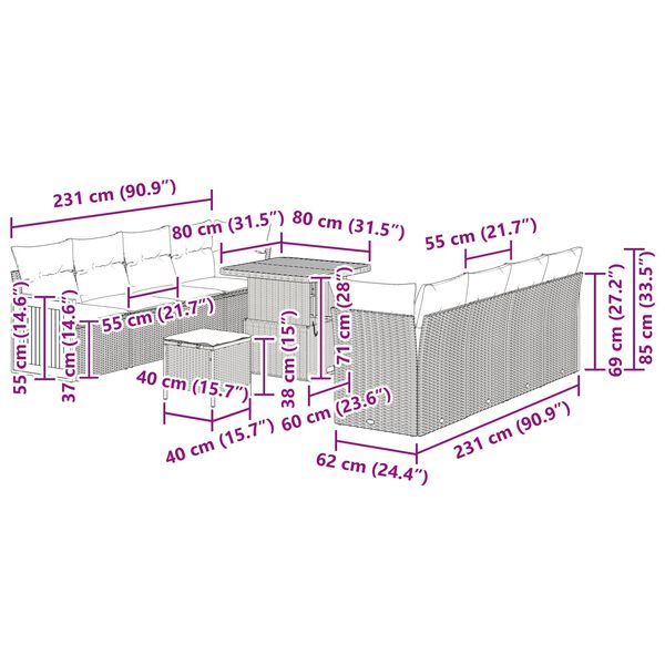 vidaXL Garden Sofa Set with Cushion 12 pcs Black Poly Rattan