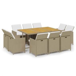 vidaXL 11 Piece Garden Dining Set with Cushions Poly Rattan Beige