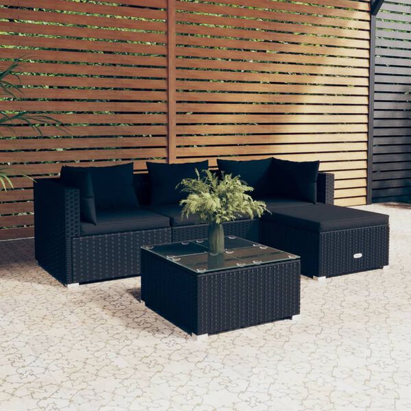 vidaXL 5 Piece Garden Lounge Set with Cushions Poly Rattan Black