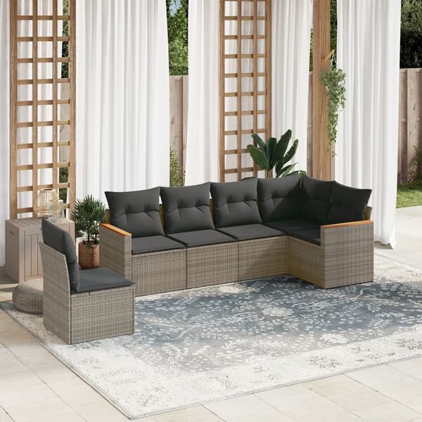 vidaXL 6 Piece Garden Sofa Set with Cushions Grey Poly Rattan