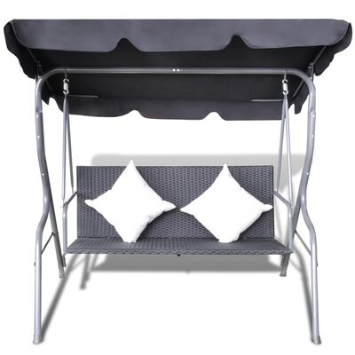 vidaXL Outdoor Hanging Swing Bench with a Canopy Black Poly Rattan