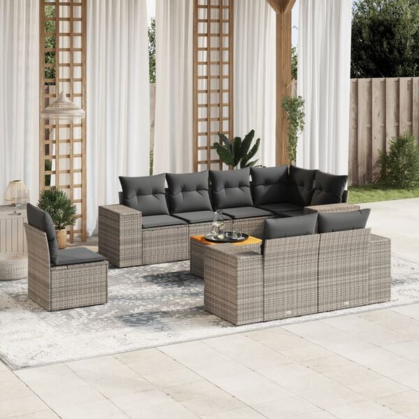 vidaXL 9 Piece Garden Sofa Set with Cushions Grey Poly Rattan