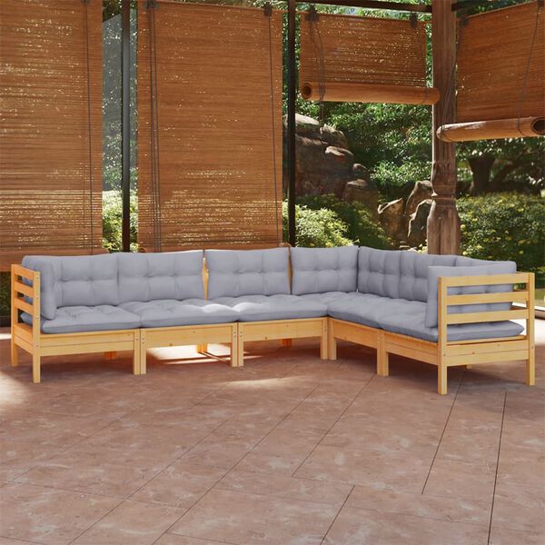 vidaXL 6 Piece Garden Lounge Set with Grey Cushions Solid Pinewood