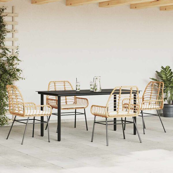 vidaXL 5 Piece Garden Dining Set with Cushions Brown Poly Rattan Glass