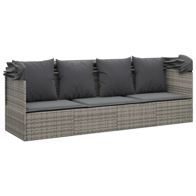 vidaXL Outdoor Lounge Bed with Roof and Cushions Grey Poly Rattan