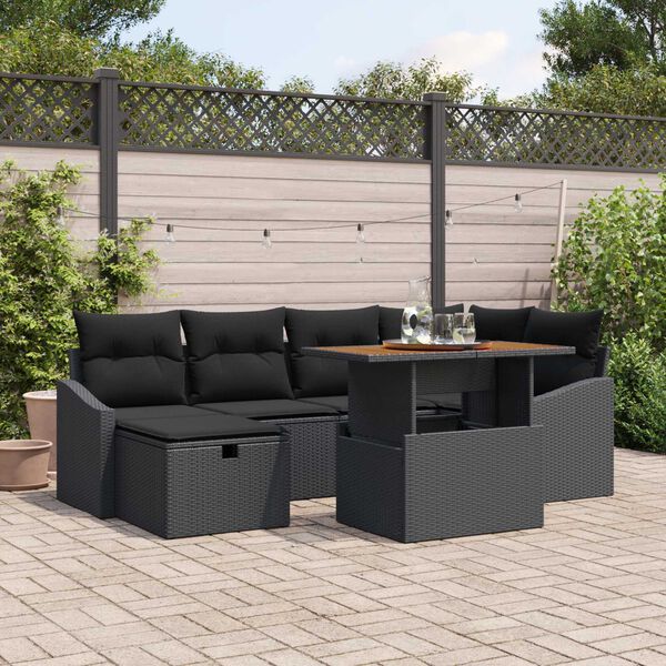 vidaXL Garden Sofa Set Height-Adjustable 7 pcs Black Poly Rattan