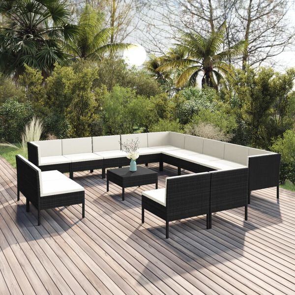 vidaXL 14 Piece Garden Lounge Set with Cushions Poly Rattan Black