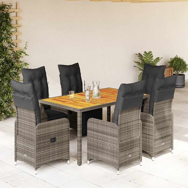 vidaXL 7 Piece Garden Bistro Set with Cushions Grey Poly Rattan