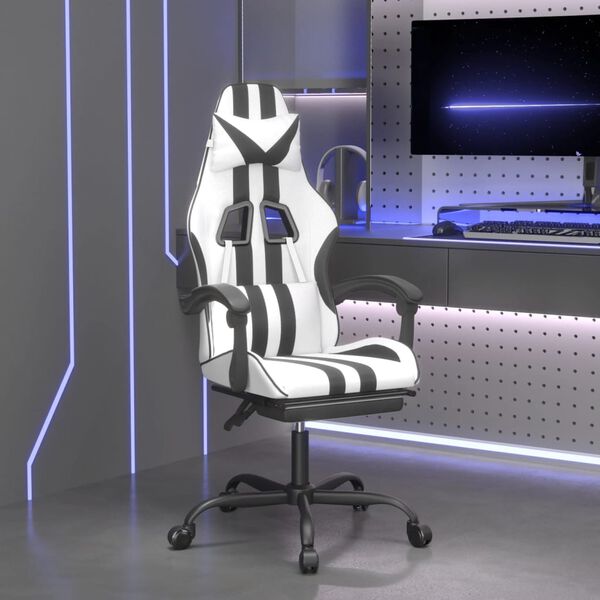 vidaXL Swivel Gaming Chair with Footrest White&Black Faux Leather