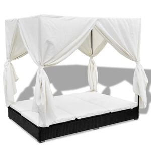 vidaXL Outdoor Lounge Bed with Curtains Poly Rattan Black