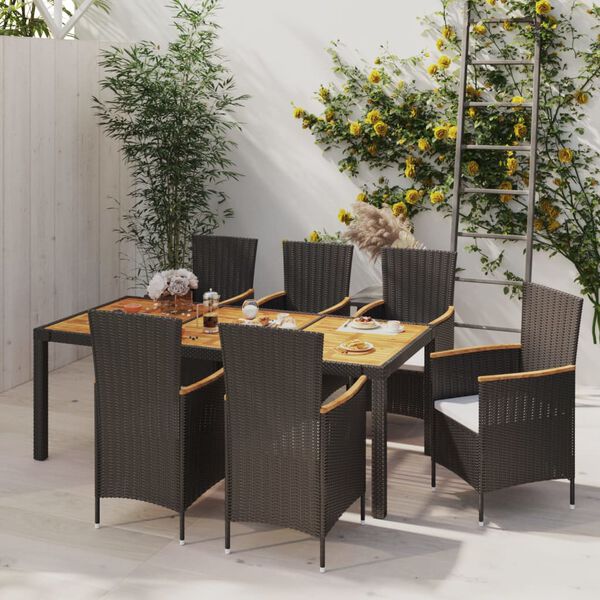 vidaXL 7 Piece Outdoor Dining Set with Cushions Poly Rattan Black