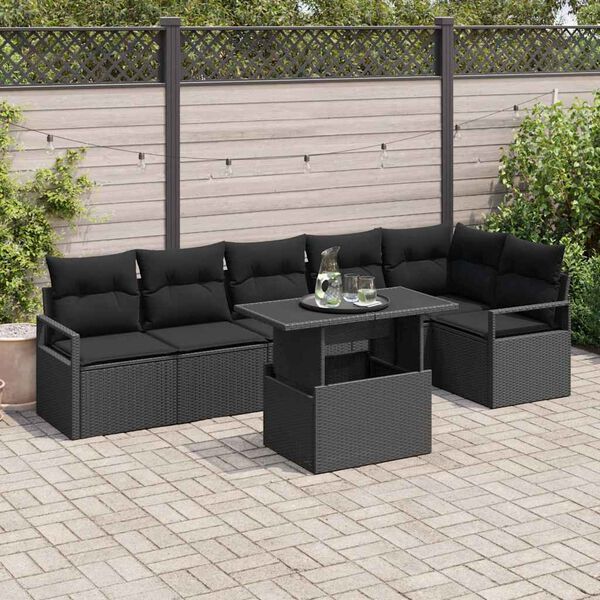 vidaXL Garden Sofa Set with Cushion 7 pcs Black Poly rattan