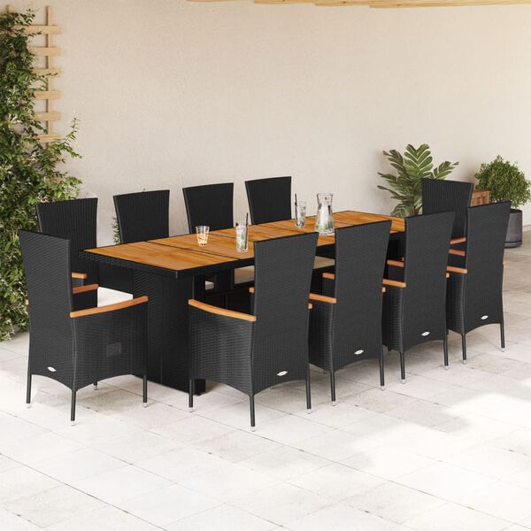 vidaXL 11 Piece Garden Dining Set with Cushions Black Poly Rattan