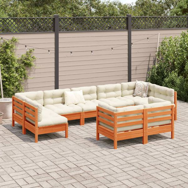 vidaXL 9 Piece Garden Sofa Set with Cushions Wax Brown Solid Wood Pine