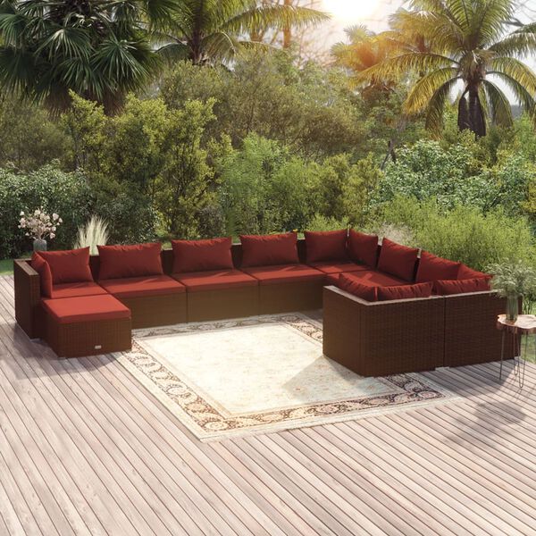 vidaXL 10 Piece Garden Lounge Set with Cushions Poly Rattan Brown