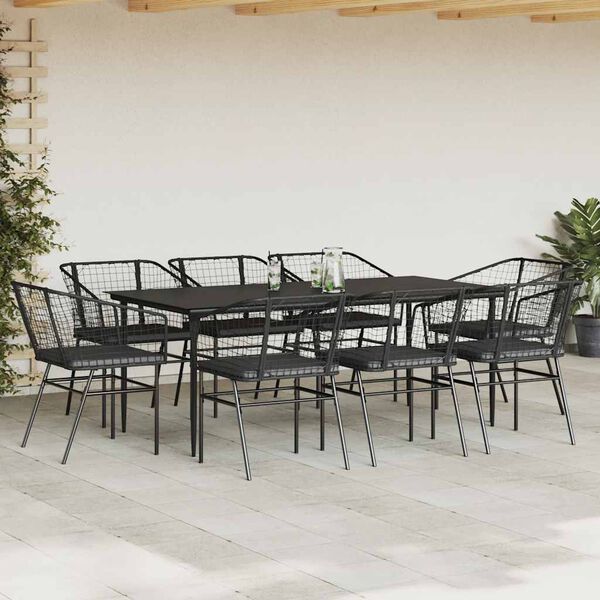 vidaXL 9 Piece Garden Dining Set with Cushions Black Poly Rattan Glass