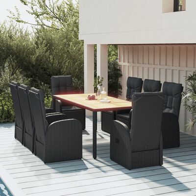 vidaXL 9 Piece Garden Dining Set with Cushions Black Poly Rattan