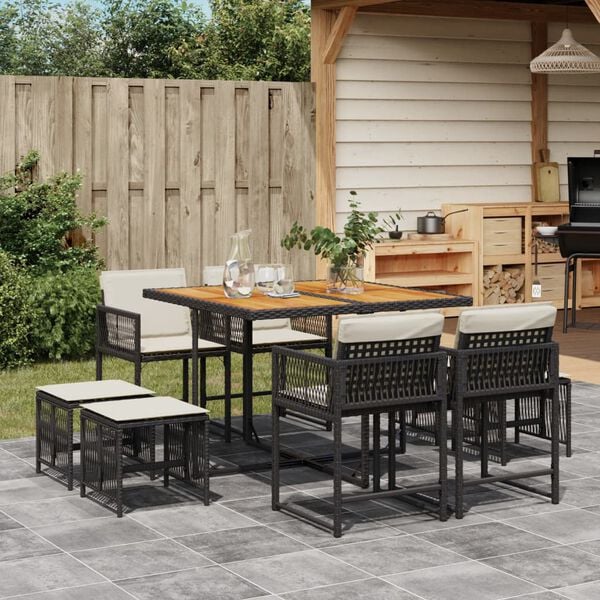 vidaXL 9 Piece Garden Dining Set with Cushions Black Poly Rattan