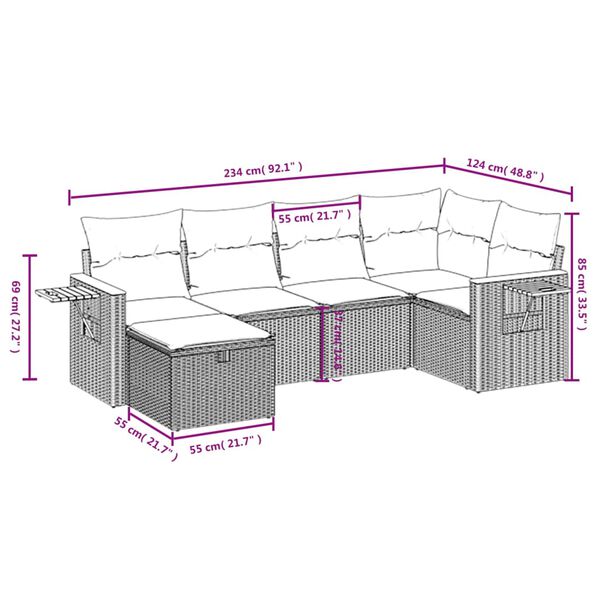 vidaXL 6 Piece Garden Sofa Set with Cushions Grey Poly Rattan