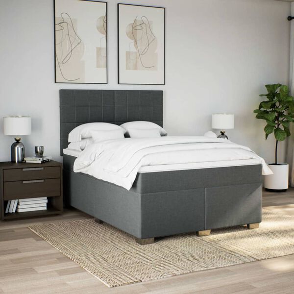 vidaXL Box Spring Bed with Mattress Dark Grey Queen Fabric