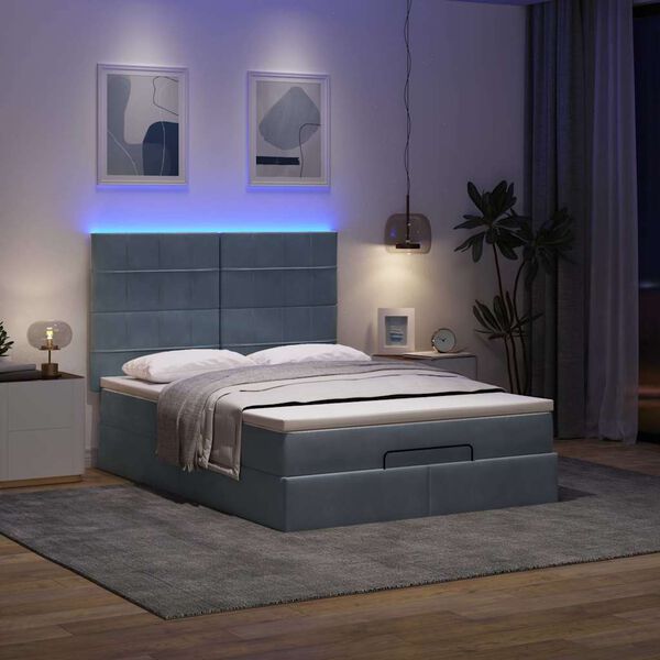 vidaXL Ottoman Bed with Mattresses & LEDs Dark Grey Queen Velvet