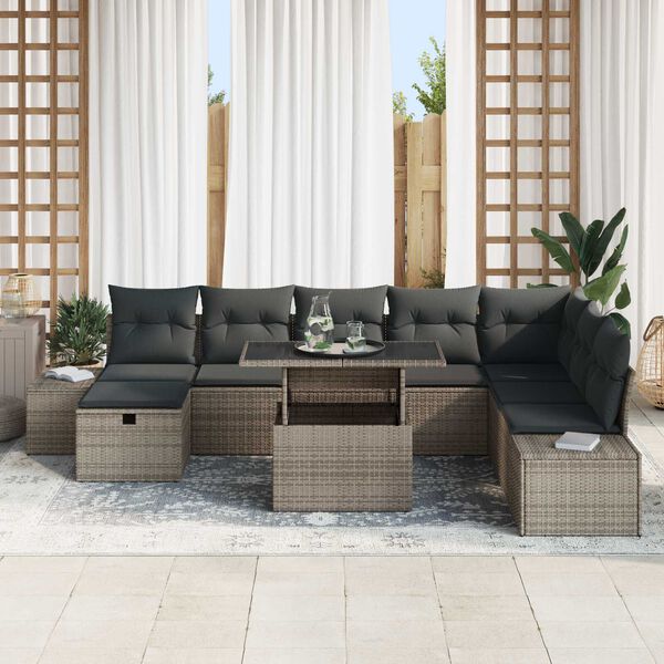 vidaXL Garden Sofa Set Height-Adjustable 9 pcs Grey Poly Rattan