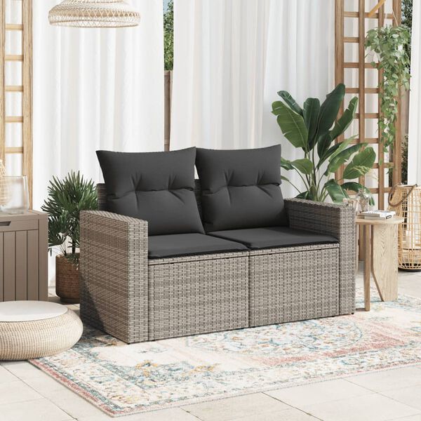 vidaXL Garden Sofa with Cushions 2-Seater Grey Poly Rattan