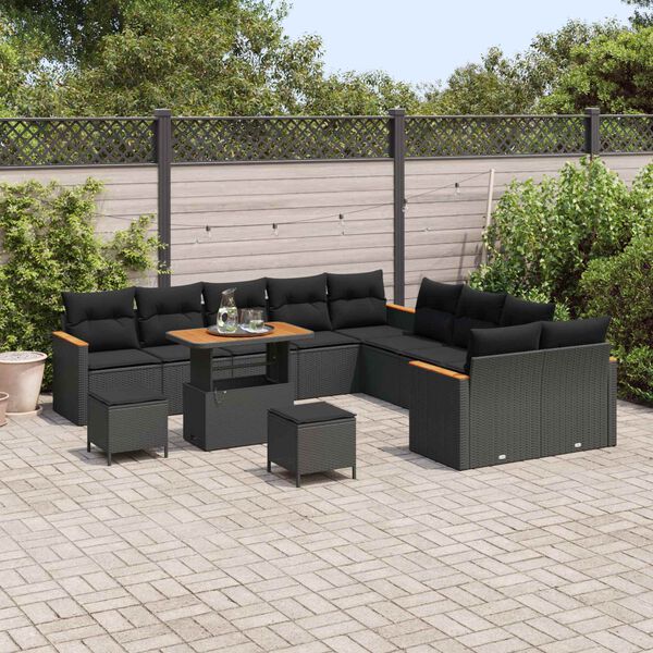 vidaXL Garden Sofa Set with Cushion 13 pcs Black Poly Rattan